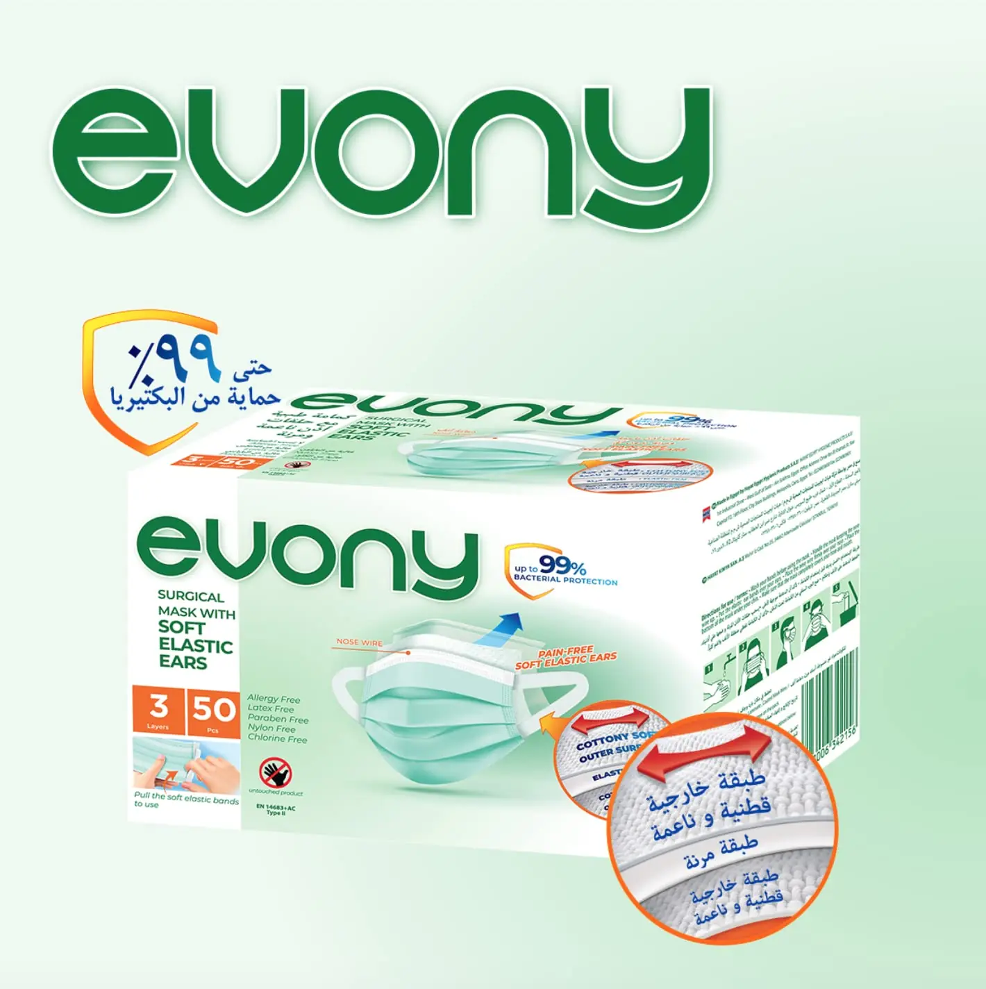 كمامة طبية بحلقات اذن ناعمة ومرنة | 48 قطعة | 3 طبقات | ماركة ايفوني evony - الصورة 2