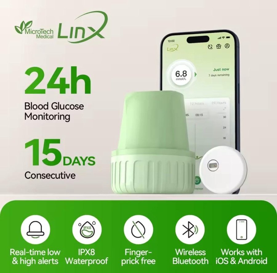 سنسور لينكس Linx CGM لقياس السكر بدون وخز او شك بدون الم ( أصغر جهاز مراقبة جلوكوز مستمر لمدة 15 يومًا ) - الصورة 6
